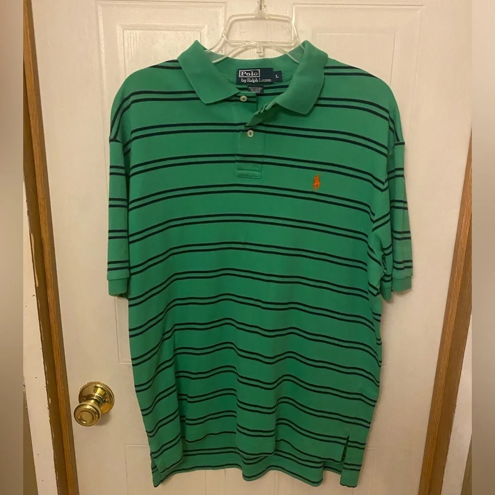 Ralph Lauren Men's Polo Shirt in Green with Navy Stripes
